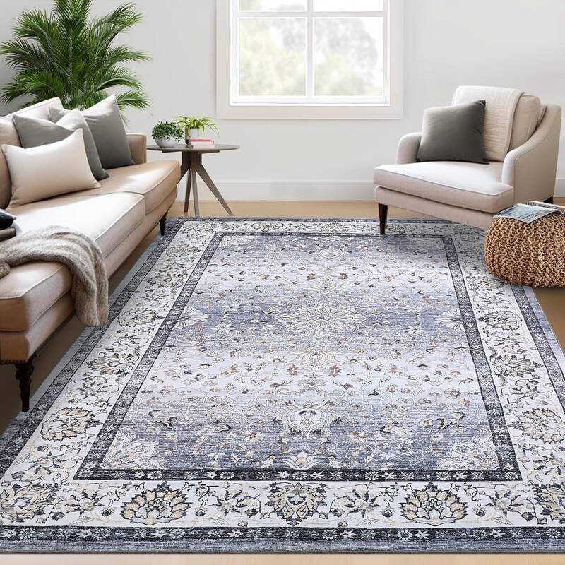 Garvee Washable Rugs 5x7 Rug Non Slip Vintage Boho Floral Gray Soft Faux Wool Low Pile Stain Resistant Carpet for Living Room...