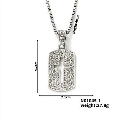 Shiny Hip-hop Alloy Rhinestones Rectangle with Cross Pendant Necklace
