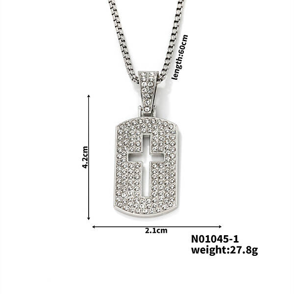 Shiny Hip-hop Alloy Rhinestones Rectangle with Cross Pendant Necklace