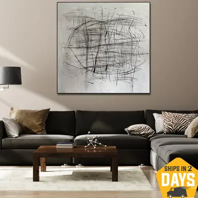 Abstract Black And White Oil Painting Figurative Modern Wall Hanging Artwork for Living Room Decor | ROTATION 46"x46&quo...