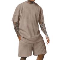 Men's Sports Solid Color Crew Neck Sweater Vertical Stripe T-Shirt Shorts Short Sleeve Two-Piece Set Classic Mens Pocket Shor...