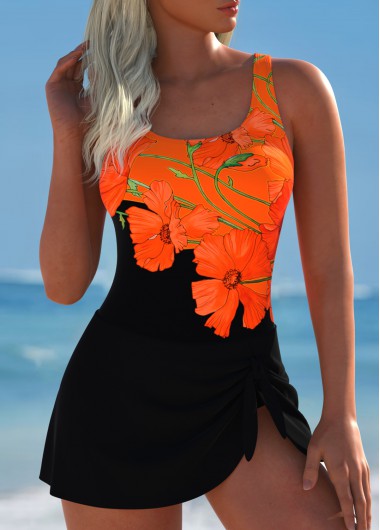 Modlily Tie Floral Print Black One Piece Swimdress - XL