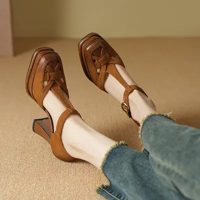 CHIKO Adamma Square Toe Chunky Heels T-Strap Shoes