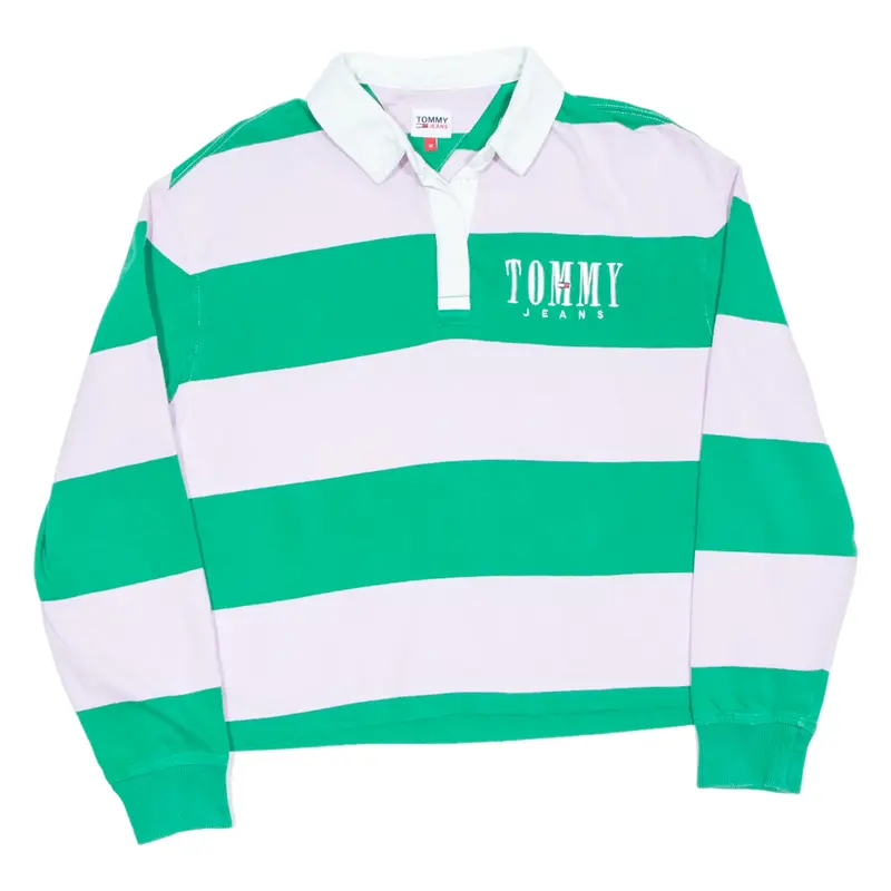 TOMMY HILFIGER Cropped Womens Polo Shirt Green Striped Long Sleeve M