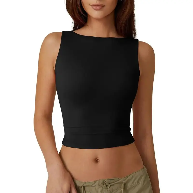QINSEN Women's Sexy Open Back Sleeveless Crop Tank High Neck Slim Fit Cropped Tee Shirt Y2k Tops Comfort Fabric