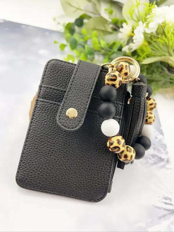 Women's Cute Leopard Pattern Beaded Keychain & Wallet, Trendy Card Holder & Keychain Set, Chic All-match Keychain Set As Gift...