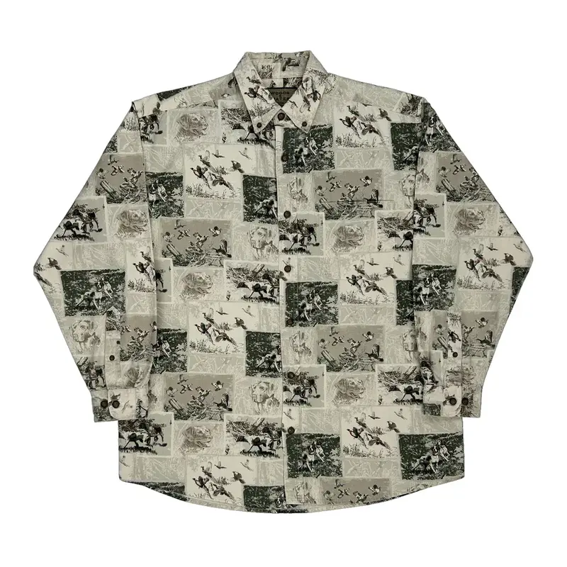 Woods & Water Patterned Shirt - Large Beige Cotton