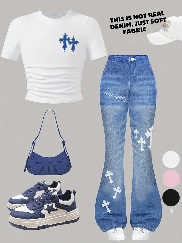 2pcs Set Girls Street Fashion Casual T-Shirt & Bell Bottom Pants, Summer, New Arrival, Polyester, Geometric Pattern, Round Ne...