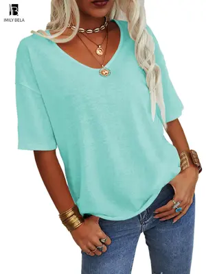 Women's Plain V Neck Drop Shoulder Tee, Casual Chic Minimalist Solid Color Half Sleeve T-shirt for Summer, Women's Basic Top ...
