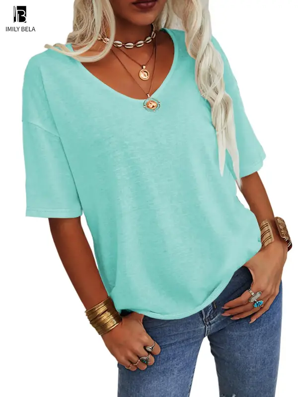 Women's Plain V Neck Drop Shoulder Tee, Casual Chic Minimalist Solid Color Half Sleeve T-shirt for Summer, Women's Basic Top ...