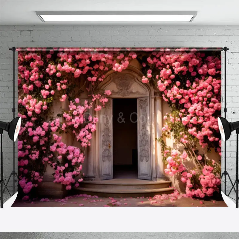 Pink Floral Door Spring Backdrops For Photo Booth - Aperturee