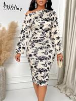 Women's All Over Print Asymmetrical Neck Dress, Elegant Fashion Casual Long Sleeve Dress for Daily Outdoor Wear, Lady Dress f...