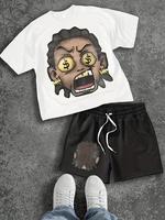 Dressing recommendationsCartoon boy Y2k men's casual  set, printed gold-plated, polyester loose short-sleeve T-shirt + loose ...
