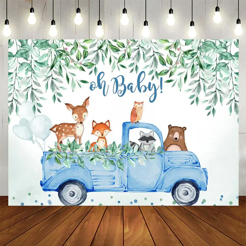 Aperturee Oh baby blue car with animals baby shower backdrop