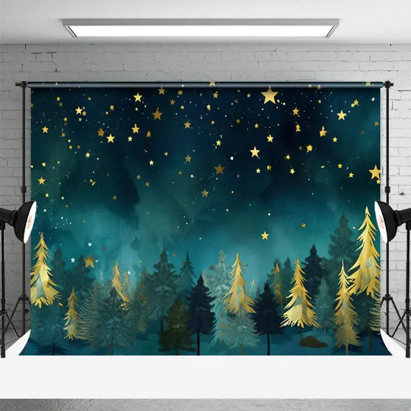 Gold Green Pine Forest Stars Christmas Backdrop - Aperturee
