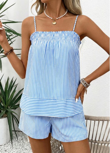 Modlily Blue Striped Tummy Coverage Sleeveless Camsiole and Shorts - L