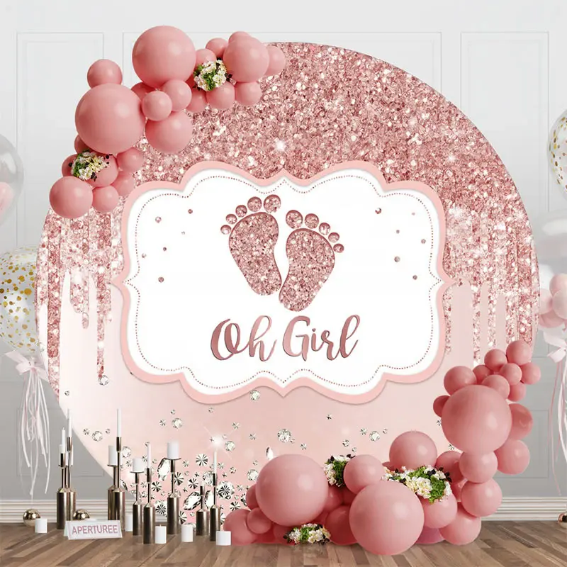 Rose Gold Glitter Oh Girl Round Baby Shower Backdrop