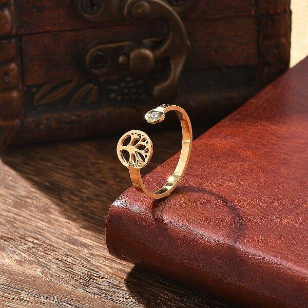 304 Stainless Steel Rhinestone Open Cuff Ring for Women
