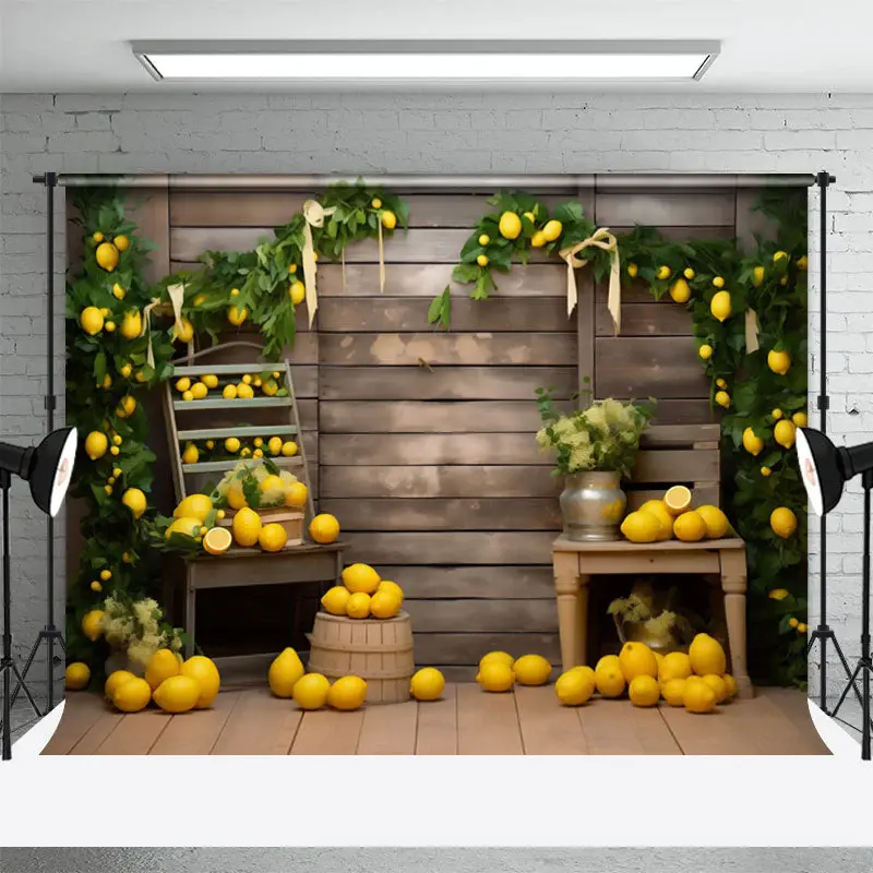 Yellow Lemons Green Plant Wood Board Autumn Backdrop - Aperturee