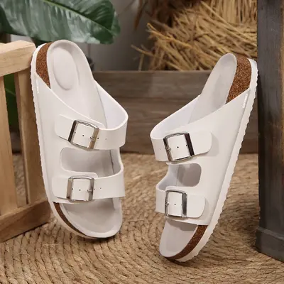 Women's Comfort Straps Adjustable Buckle Slip On Sandals Slide Cork Footbed Sandals