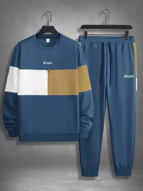 Men's Colorblock Print Sweatshirt & Pants Loungewear Two-piece Set, Casual Comfy Long Sleeve Pullover & Jogger Pants, Men's S...