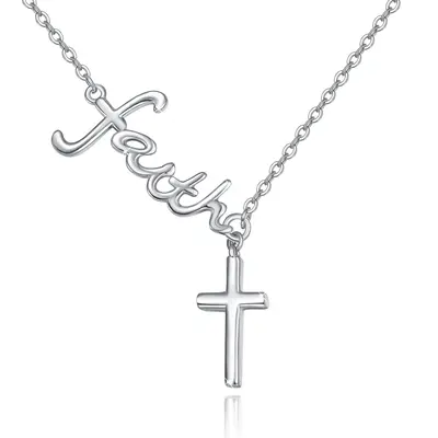 Sterling Silver Cross Non-adjustable Y-Necklace with Engraved Word