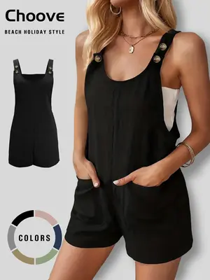 Women's Button Pocket Tank Romper without Tube Top, Basic Fitted Casual Scoop Neck Sleeveless Romper, Summer Overalls, Fashio...