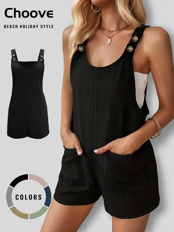 Women's Button Pocket Tank Romper without Tube Top, Basic Fitted Casual Scoop Neck Sleeveless Romper, Summer Overalls, Fashio...