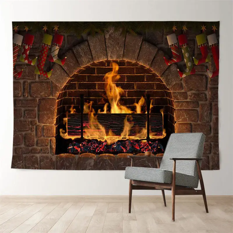 Aperturee Red Stocking Fireplace Brick Christmas Backdrop
