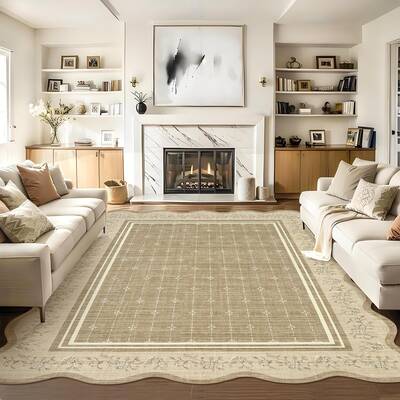 Garvee Scalloped Floral Rug 9x12 Washable Non-Slip Polyester Soft Stain-Resistant Modern Bordered Indoor Living Room Nursery ...