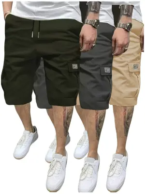 3-Pack Men's Cargo Shorts Classic Elastic Waist Drawstring Casual Outdoor Work Shorts with 6 Pockets