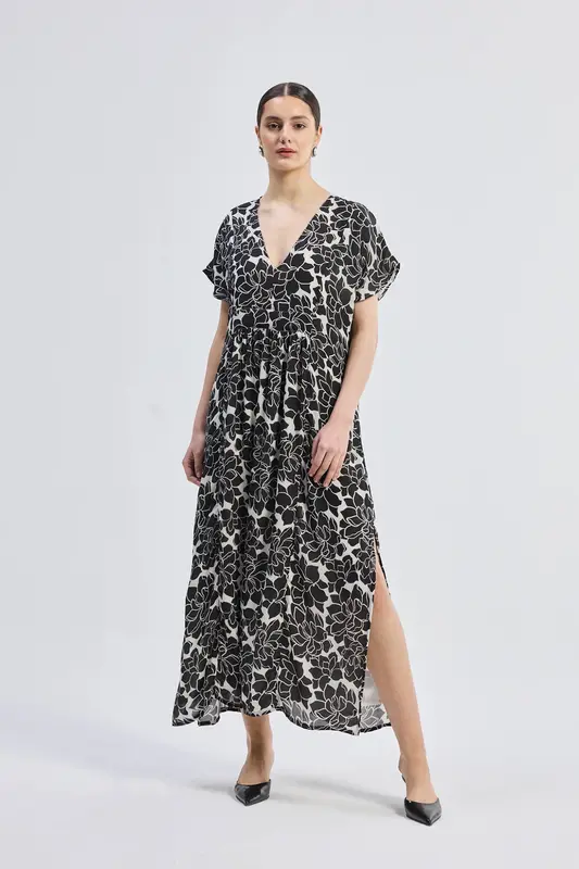 Deep V-neck Maxi Dress with Front Gathers in Black Florals | Color: Midnight Bloom | Size: L