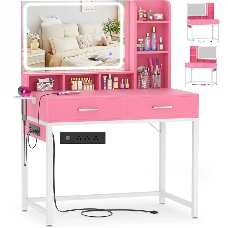 Vanity Desk with LED Mirror & Lights, Makeup Dressing Table with Power Strip, Adjustable Lighting, 2 Drawers & 7 Storage Comp...