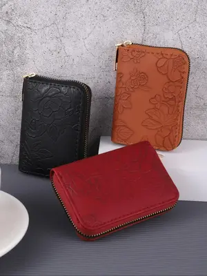 Women's Floral Embossed Zipper Short Wallet, 2025 New Style Large Capacity Multi Card Slot Card Bag, Portable Coin Purse for ...