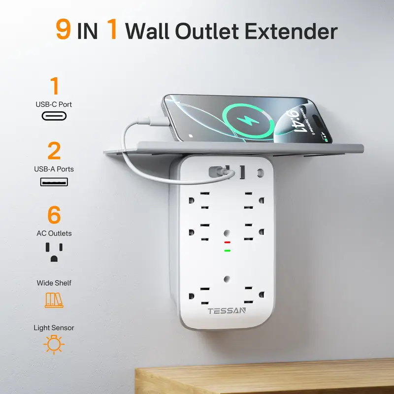 Tessan Wall Outlet Extender with Shelf Night Light Surge Protector Multi Plug Outlets USB Charger 6 AC 2 USB Ports 1 USB C fo...
