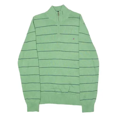 TOMMY HILFIGER Mens Jumper Green Striped 1/4 Zip Tight Knit L