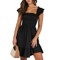 ANRABESS Womens Summer Casual Sleeveless Square Neck Smocked Ruffle Backless Boho Mini Dress 2025 Sundress Beach Vacation Out...
