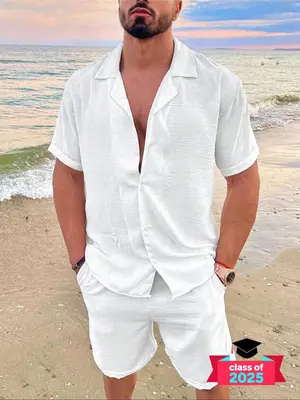 2 Counts Men's Solid Button Front Shirt & Elastic Waist Shorts Two-piece Set, Men's 2 Piece Set, Streetwear Short Sleeve Top ...