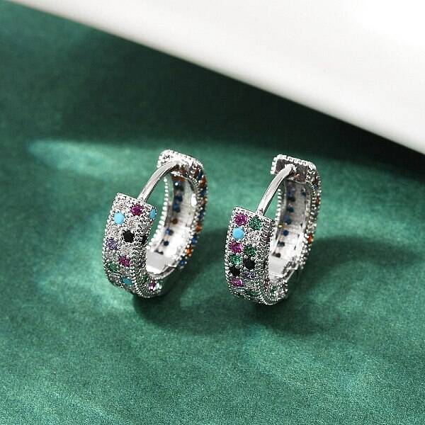 Brass Micro Pave Colorful Cubic Zirconia Hoop Earrings