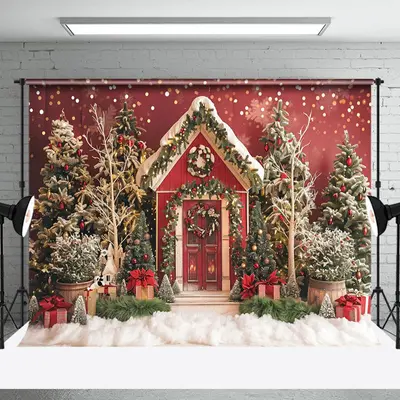 Red Wooden House Trees Snow Gifts Christmas Backdrop