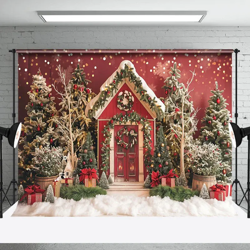 Red Wooden House Trees Snow Gifts Christmas Backdrop