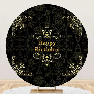 Aperturee Circle Black Yellow Flower Happy Birthday Backdrop | Circle Party Backdrop | Round Birthday Backdrop Cover | Round ...