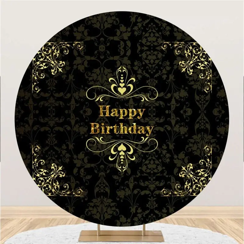 Aperturee Circle Black Yellow Flower Happy Birthday Backdrop | Circle Party Backdrop | Round Birthday Backdrop Cover | Round ...