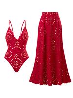 Women's Plain Hollow Out One-piece Swim Bodysuit & Skirt Set, Casual Fashion Swimwear Set for Beach Holiday Vacation, Swimsui...