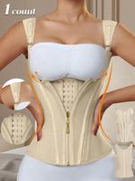 Women's Solid Color Zipper Hooks Waist Trainer Corset, Tummy Control Shapewear Tops, Casual Adjustable Hooks Body Shaper for ...