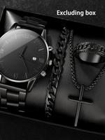 Men's Business Fashion Watch Set, Including Round Dial Watch & Chain Bracelet & Ring & Pendant Necklace, Trendy All-match & E...