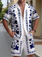 Men's Floral Print Button Up Shirt & Shorts, Regular Fit Casual Short Sleeve Collared Top & Shorts, Men's Summer Set for Vaca...