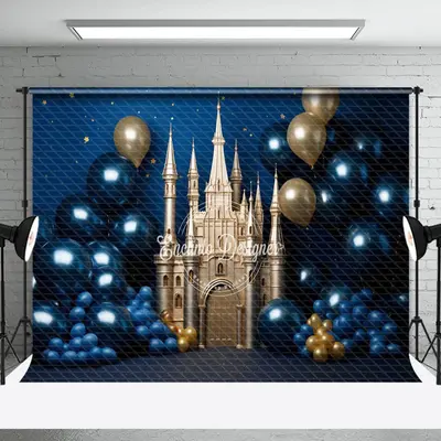 Dark Blue Gold Castle Birthday Cake Smash Backdrop - Aperturee