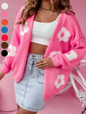 Plus Size Floral Print Drop Shoulder Cardigan, Casual Long Sleeve Open Front Knitwear for Fall & Winter, Women's Plus Cloth...