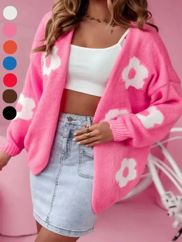 Plus Size Floral Print Drop Shoulder Cardigan, Casual Long Sleeve Open Front Knitwear for Fall & Winter, Women's Plus Cloth...